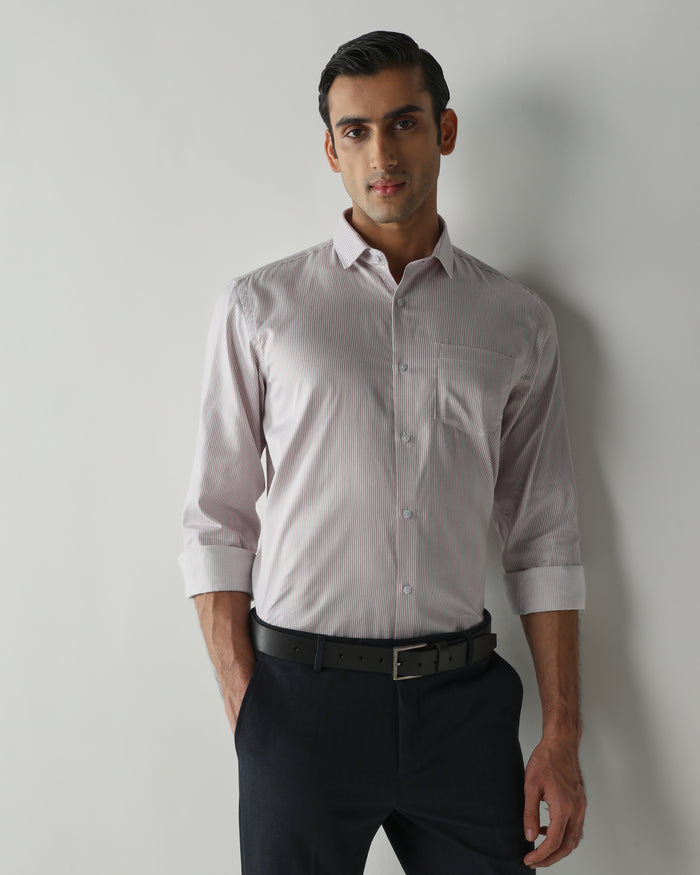 Men's Pure Cotton Stripe Regular Fit Full Sleeve Formal Shirt - White & Pink