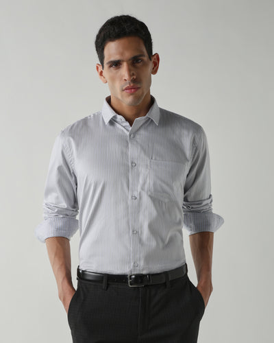 Grey/Sky Blue 100% Cotton Stripe Shirts For Men | Regular Fit Fashion Formal Wear