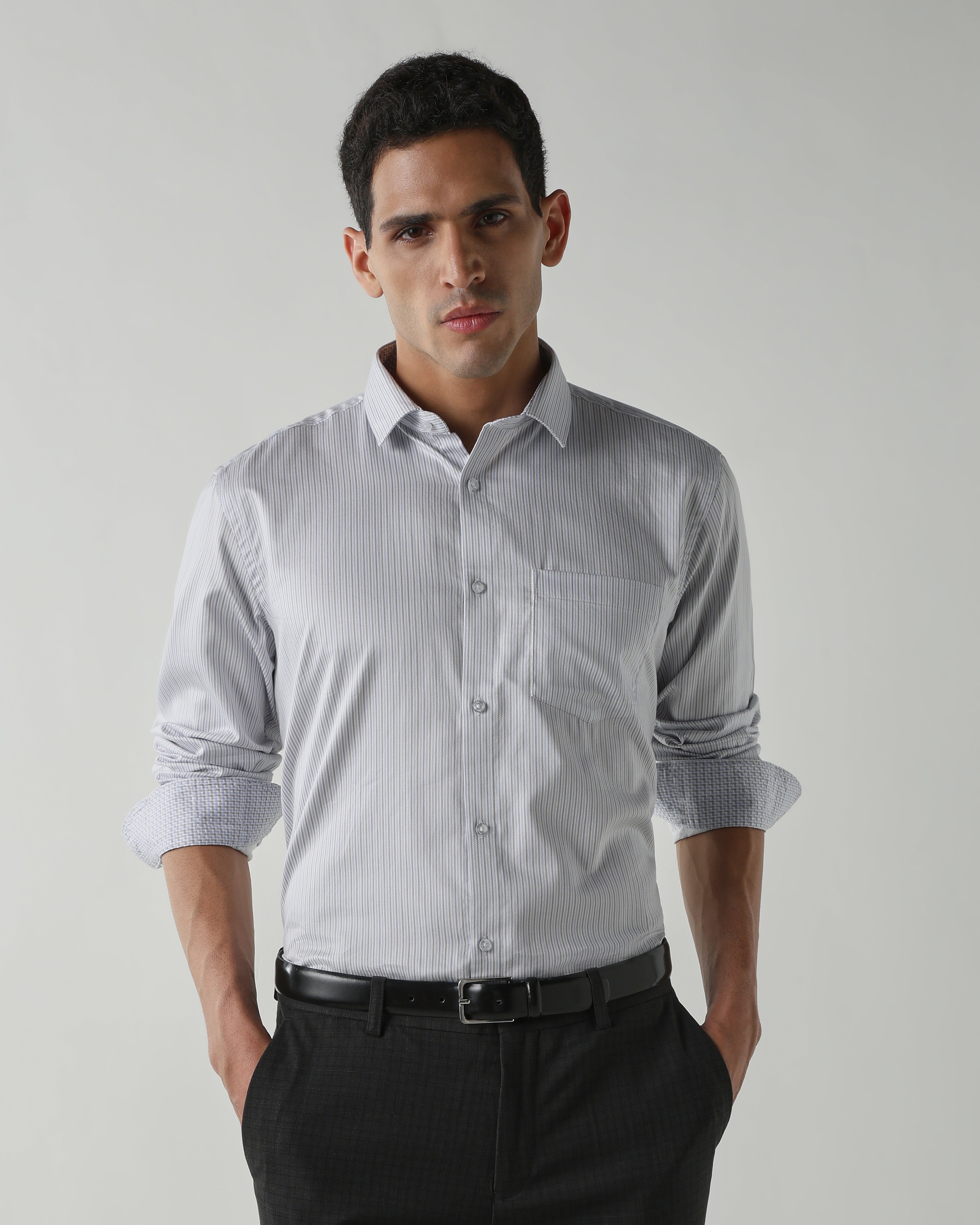 Grey/Sky Blue 100% Cotton Stripe Shirts For Men | Regular Fit Fashion Formal Wear