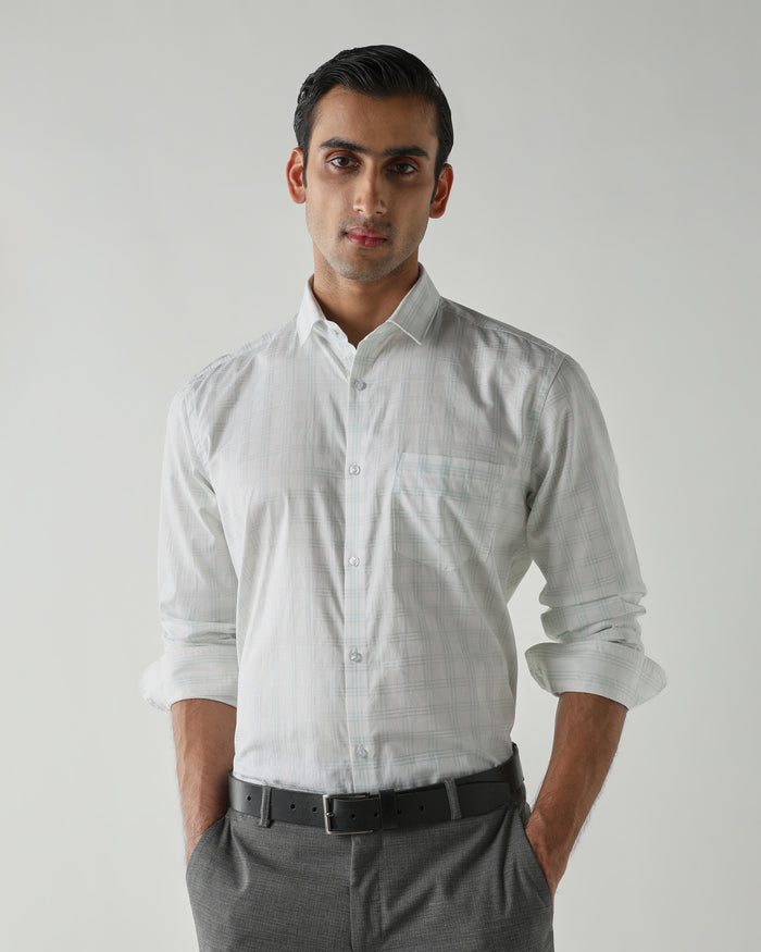 Men's Pure Cotton Checks Regular Fit Full Sleeve Formal Shirt - White & Green