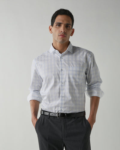 White/Sky Blue 100% Cotton Checks Shirts For Men | Regular Fit Fashion Formal Wear