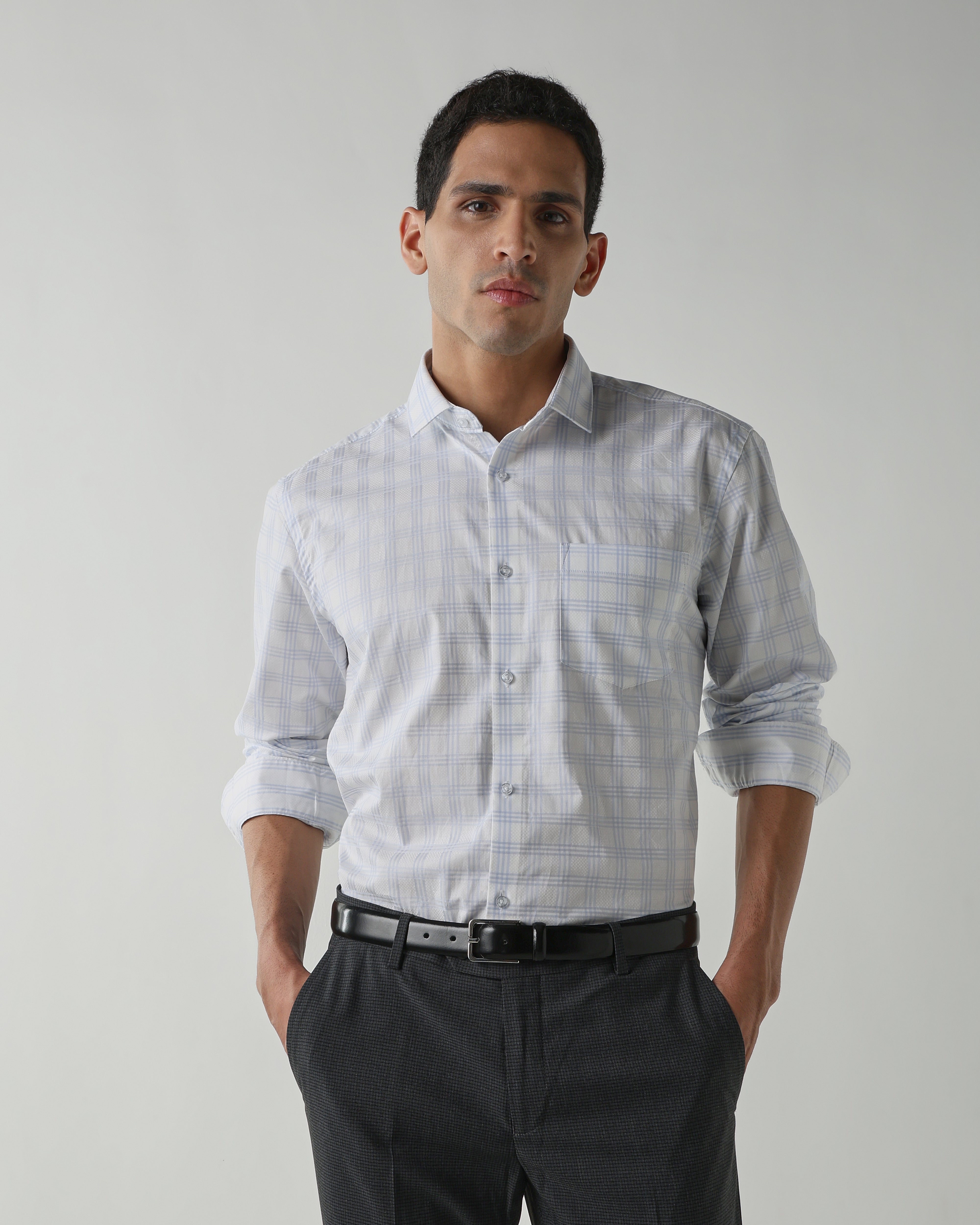 White/Sky Blue 100% Cotton Checks Shirts For Men | Regular Fit Fashion Formal Wear