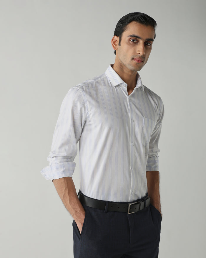 Men's Pure Cotton Stripe Regular Fit Full Sleeve Formal Shirt - White & Blue