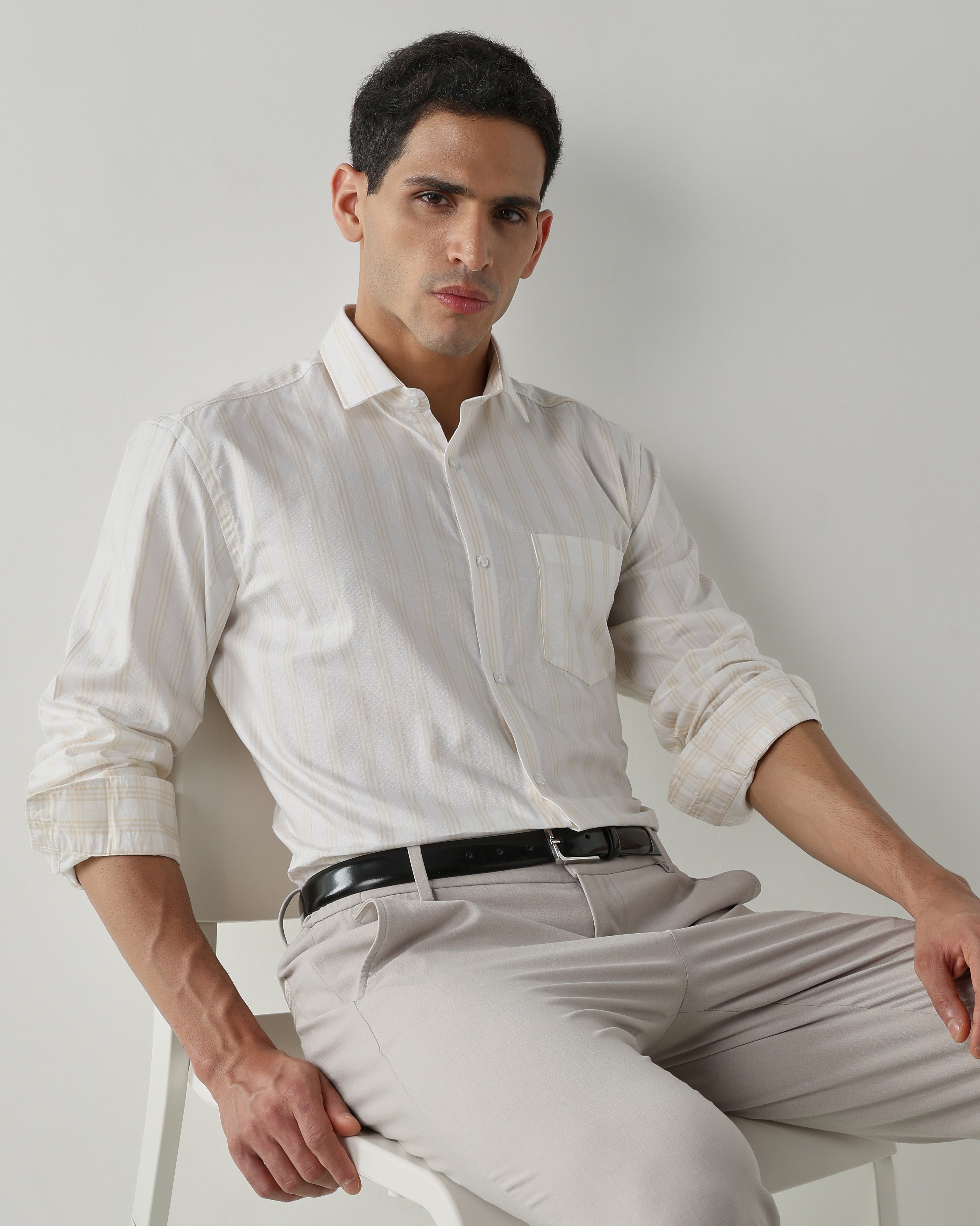 White/Beige 100% Cotton Stripe Shirts For Men | Regular Fit Fashion Formal Wear