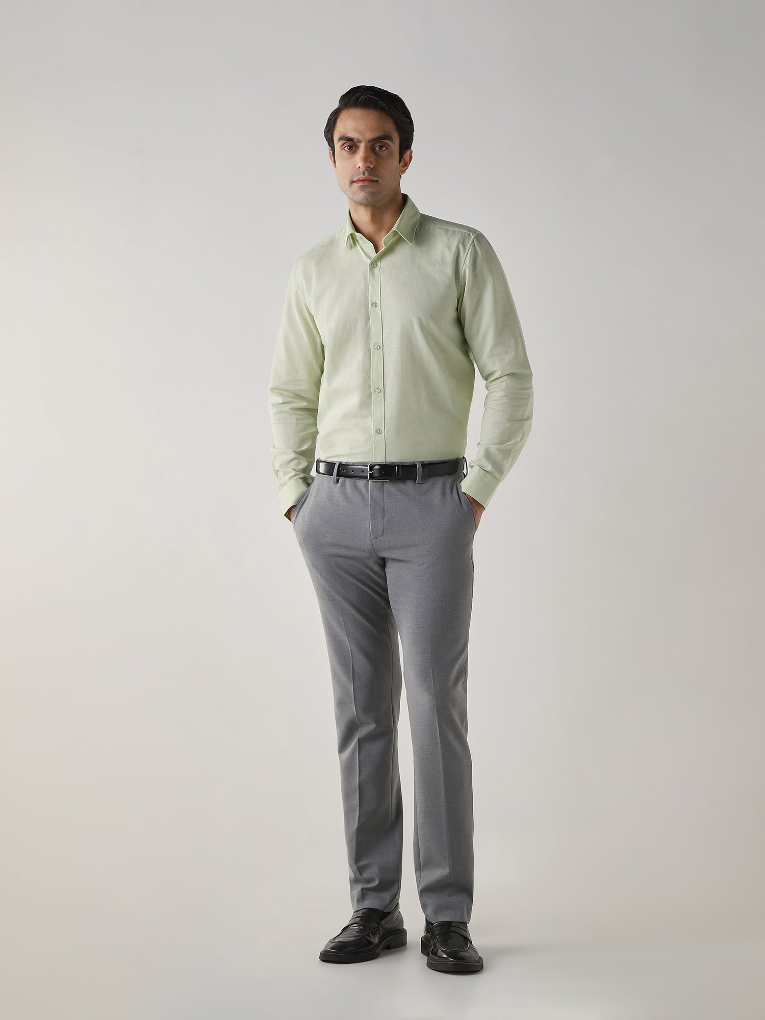 Mid Grey Cotton Blend Flat Front Slim Fit Formal Trouser