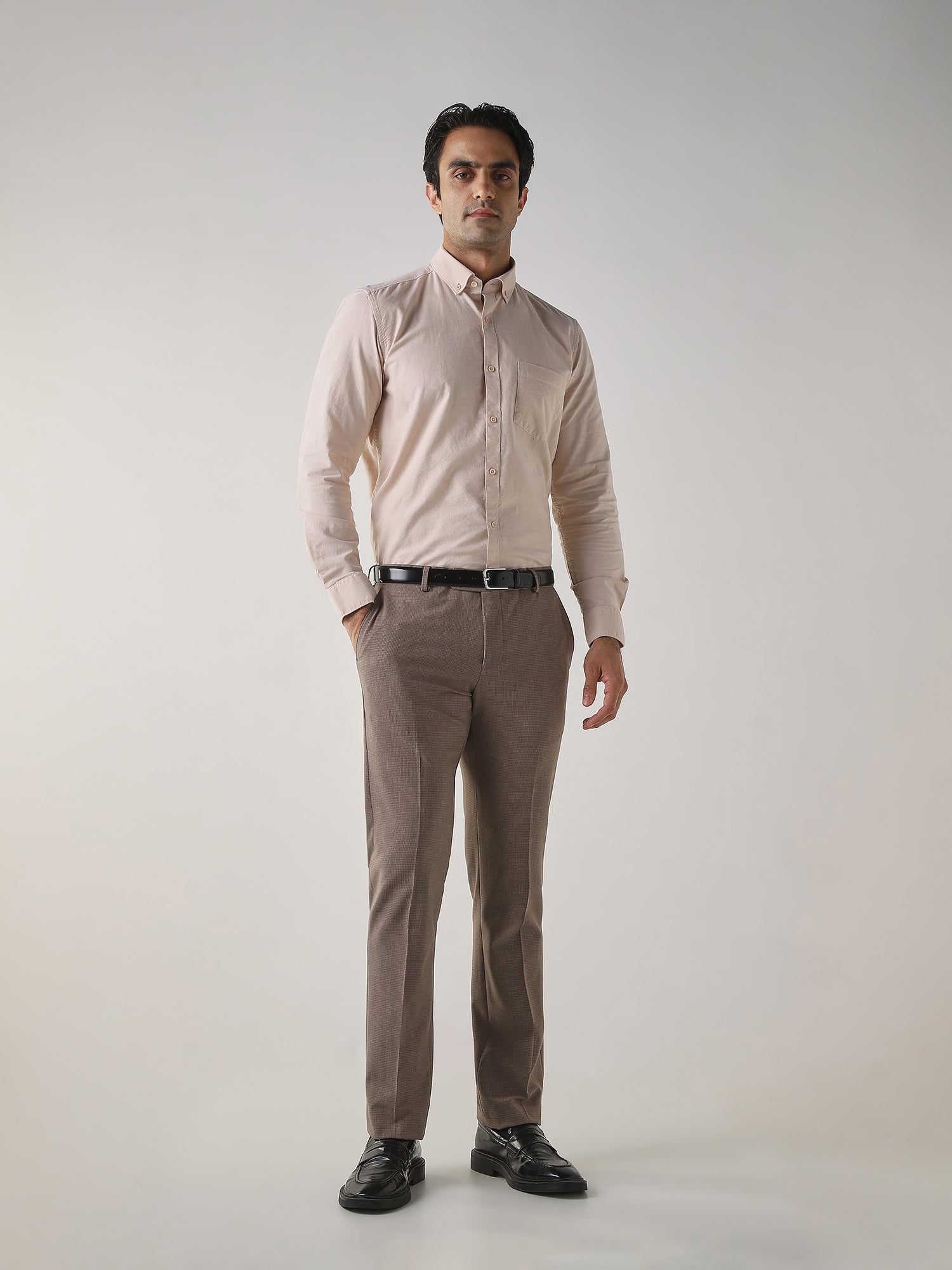 Brown Cotton Blend Flat Front Slim Fit Formal Trouser
