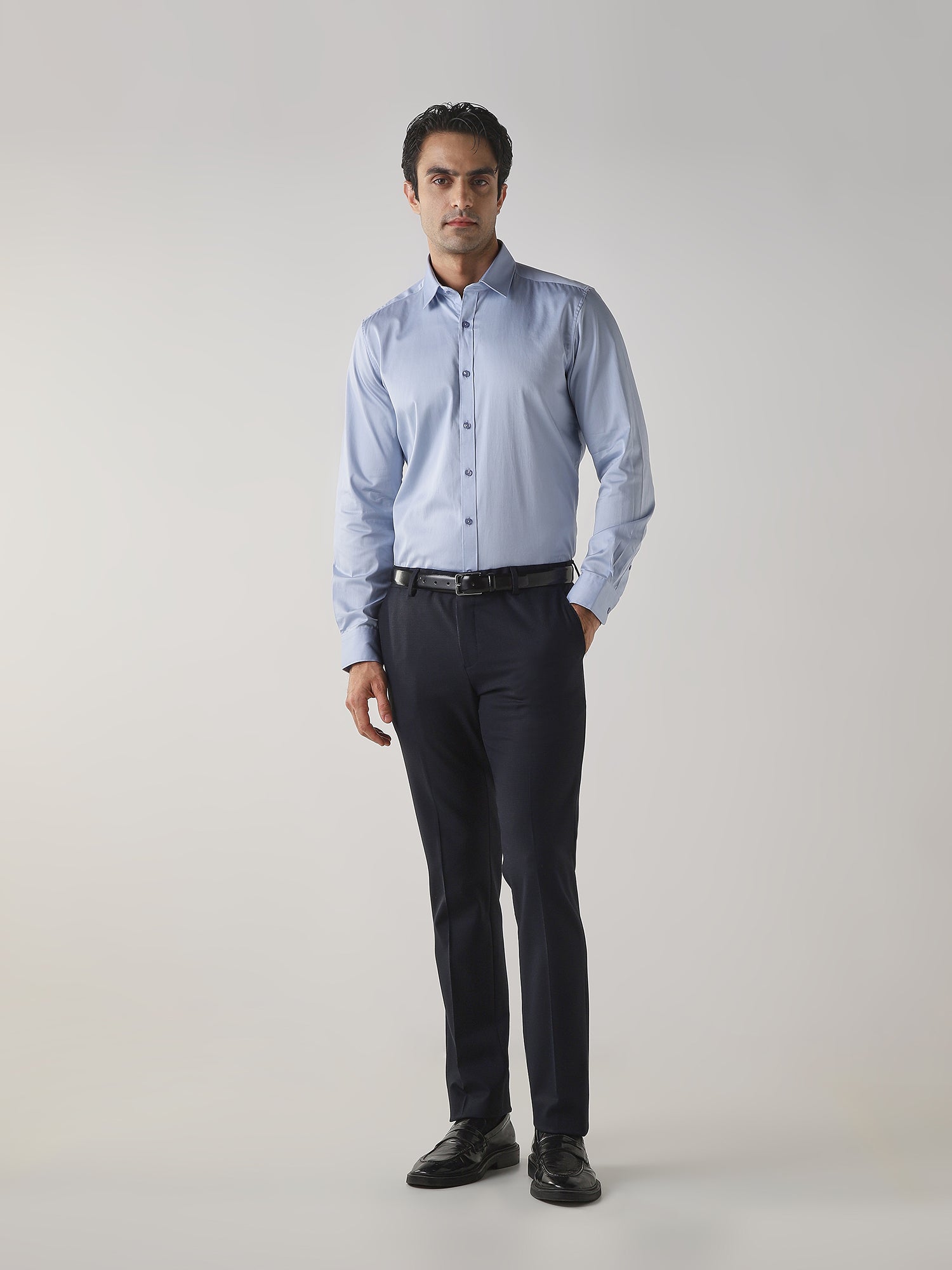 Navy Cotton Blend Flat Front Slim Fit Formal Trouser
