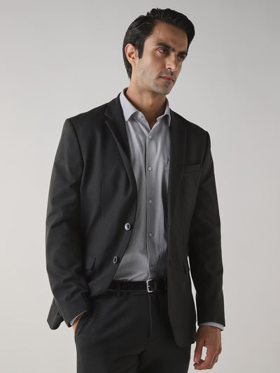 Dark Grey Textured Cotton Blend Tailored Fit Formal Blazer