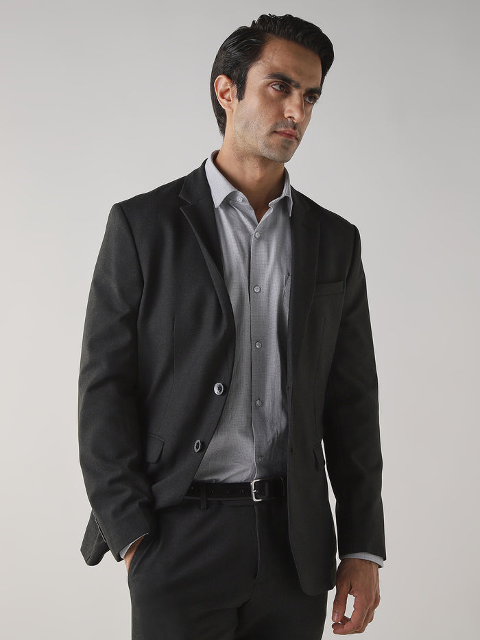 Dark Grey Textured Cotton Blend Tailored Fit Formal Blazer