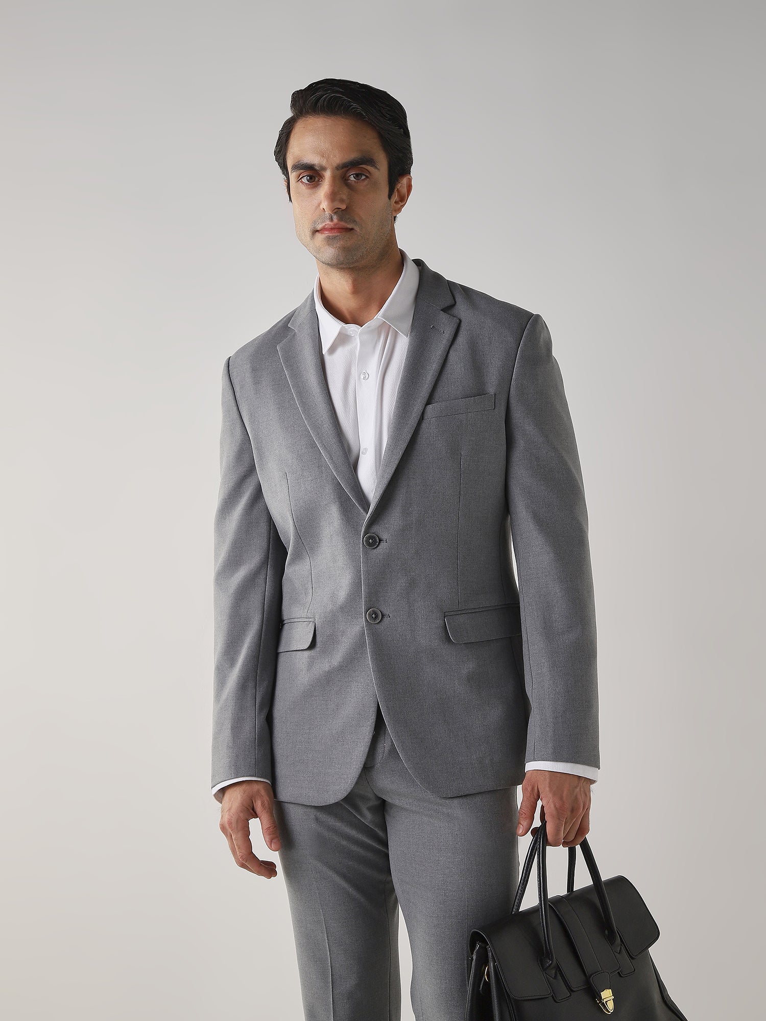 Mid Grey Textured Cotton Blend Tailored Fit Formal Blazer