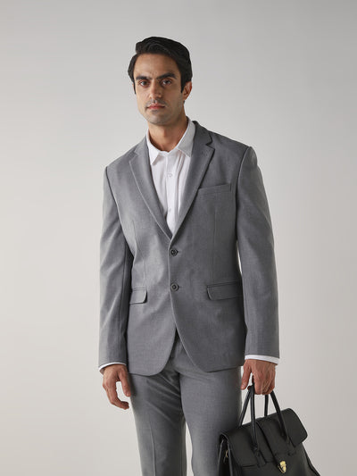 Mid Grey Textured Cotton Blend Tailored Fit Formal Blazer