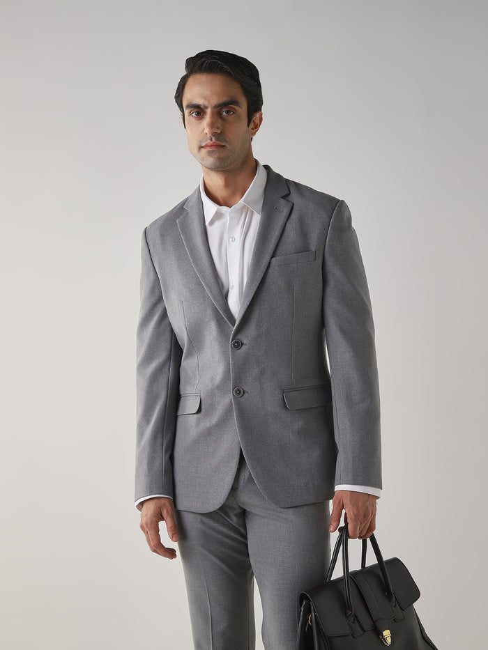 Mid Grey Textured Cotton Blend Tailored Fit Formal Blazer