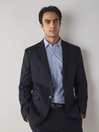 Navy Textured Cotton Blend Tailored Fit Formal Blazer