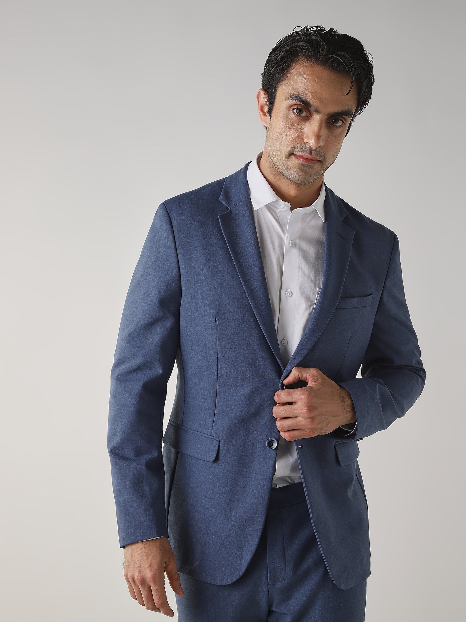 Royal blue Textured Cotton Blend Tailored Fit Formal Blazer