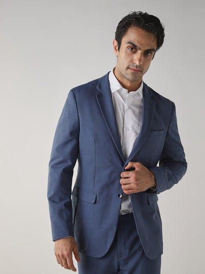Royal blue Textured Cotton Blend Tailored Fit Formal Blazer
