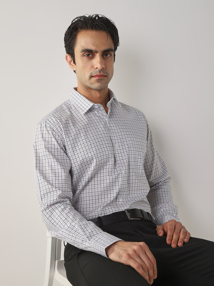 Men's COTTON Checks Regular Fit Full Sleeve Formal Shirt - White & Grey