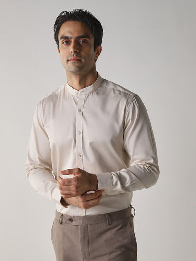 Men's Cotton Stretch Plain Slim Fit Full Sleeve Formal Shirt - Off White