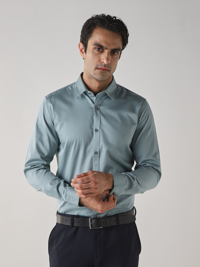 Men's Cotton Stretch Plain Slim Fit Full Sleeve Formal Shirt - Light Green