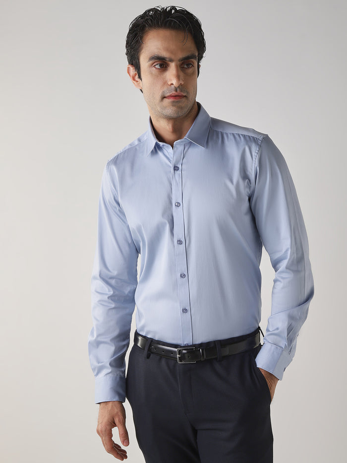 Men's Cotton Stretch Plain Slim Fit Full Sleeve Formal Shirt - Blue