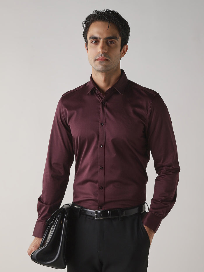 Men's Cotton Stretch Plain Slim Fit Full Sleeve Formal Shirt - Brown