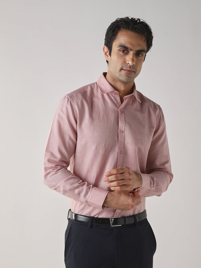 Men's Cotton Linen Plain Slim Fit Full Sleeve Formal Shirt - Pink