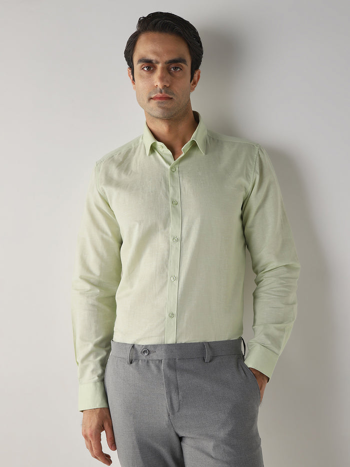 Men's Cotton Linen Plain Slim Fit Full Sleeve Formal Shirt - Green