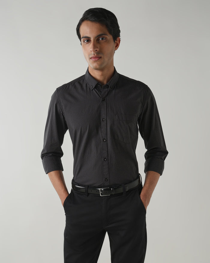 Men's Pure Cotton Checks Slim Fit Full Sleeve Casual Shirt - Black