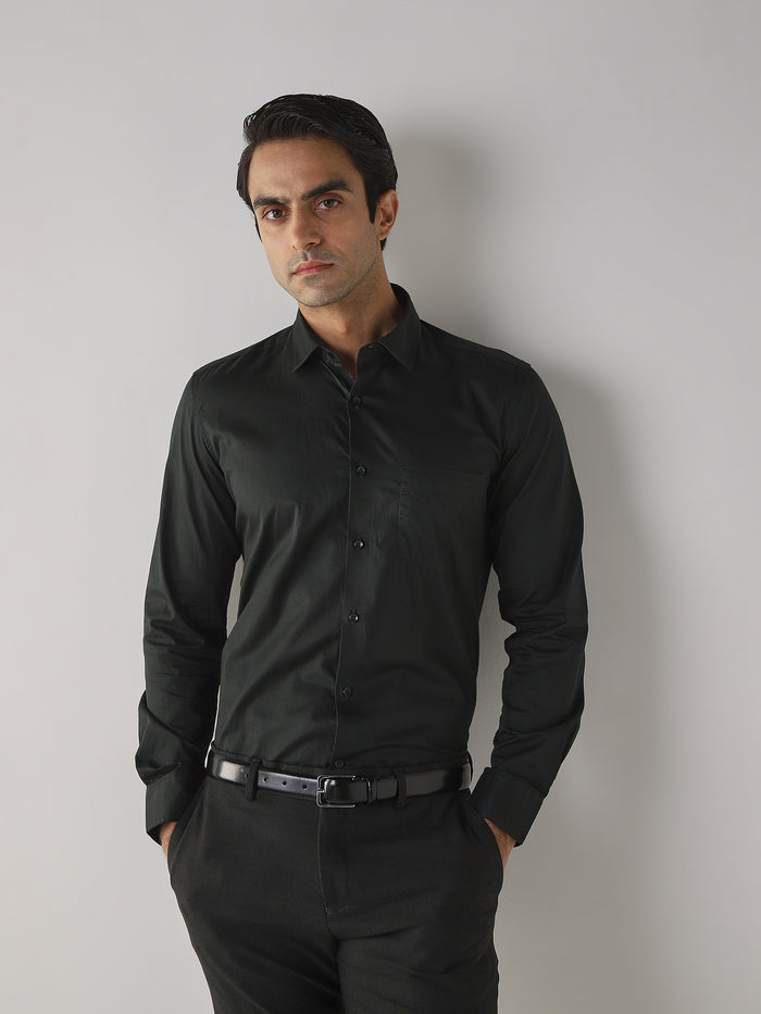 Men's Pure Cotton Plain Slim Fit Full Sleeve Casual Shirt - Dark Green