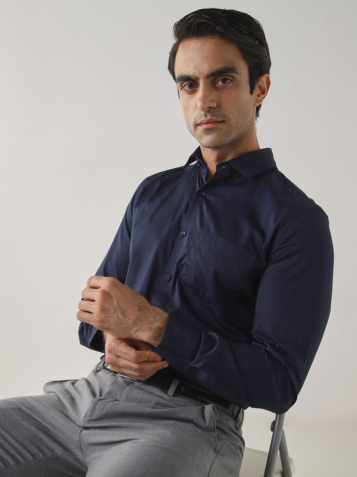 Men's Pure Cotton Plain Slim Fit Full Sleeve Casual Shirt - Blue