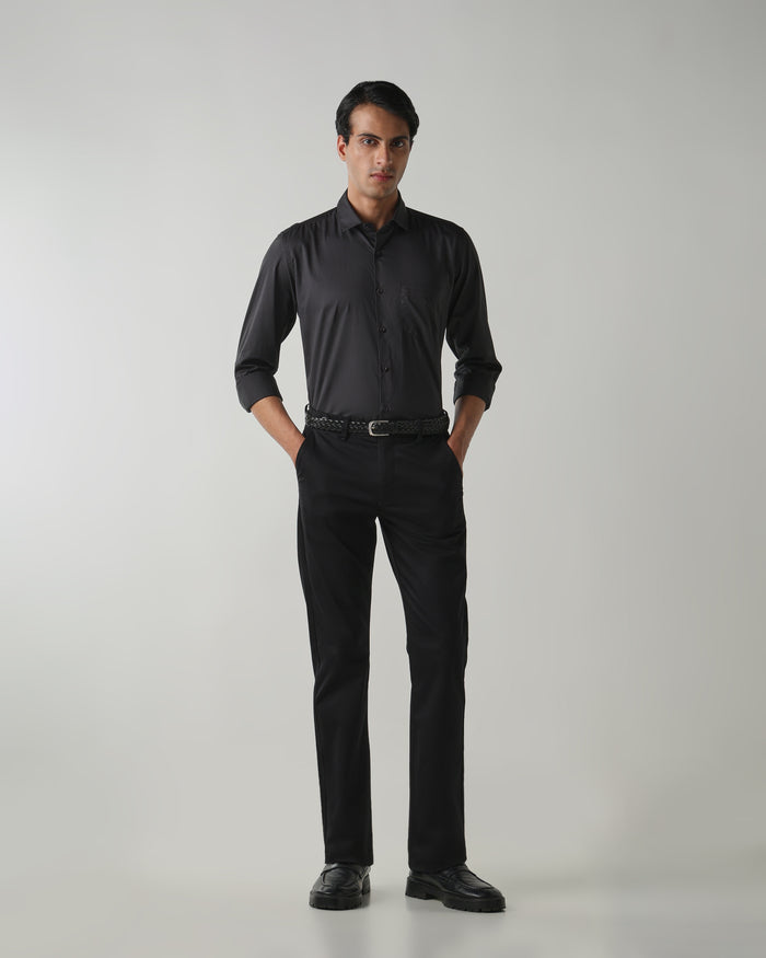 Men's Pure Cotton Plain Slim Fit Full Sleeve Casual Shirt - Black