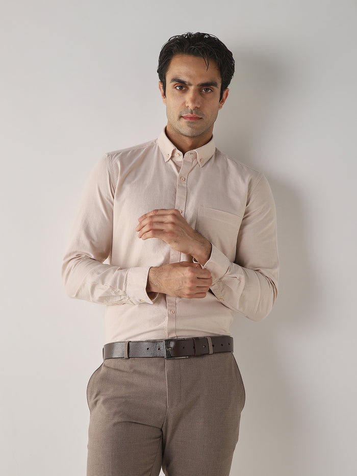 Men's Pure Cotton Plain Slim Fit Full Sleeve Casual Shirt - Beige