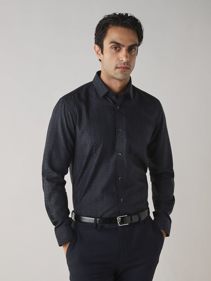 Men's Pure Cotton Dobby Dobby Slim Fit Full Sleeve Formal Shirt - Green & Black