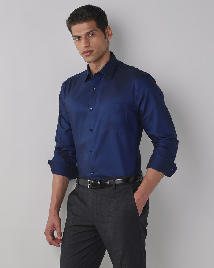 Men's Pure Cotton Plain Regular Fit Full Sleeve Formal Shirt - Blue