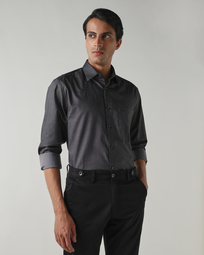 Men's Pure Cotton Plain Regular Fit Full Sleeve Formal Shirt - Dark Grey