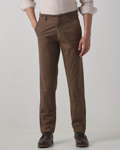 Brown Cotton Stretch Regular Fit Trouser