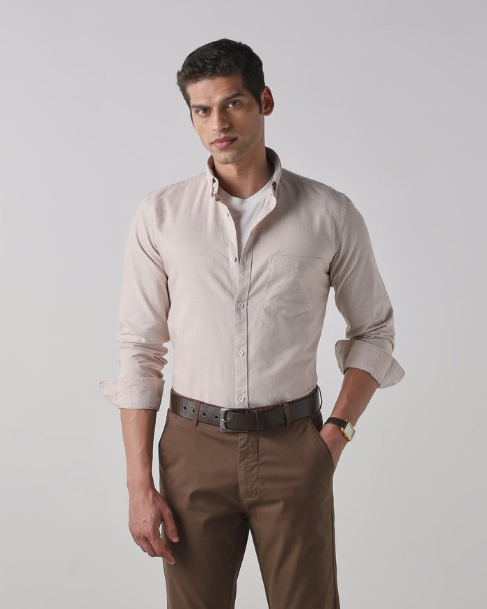 Men's Pure Cotton Plain Slim Fit Full Sleeve Casual Shirt - Beige