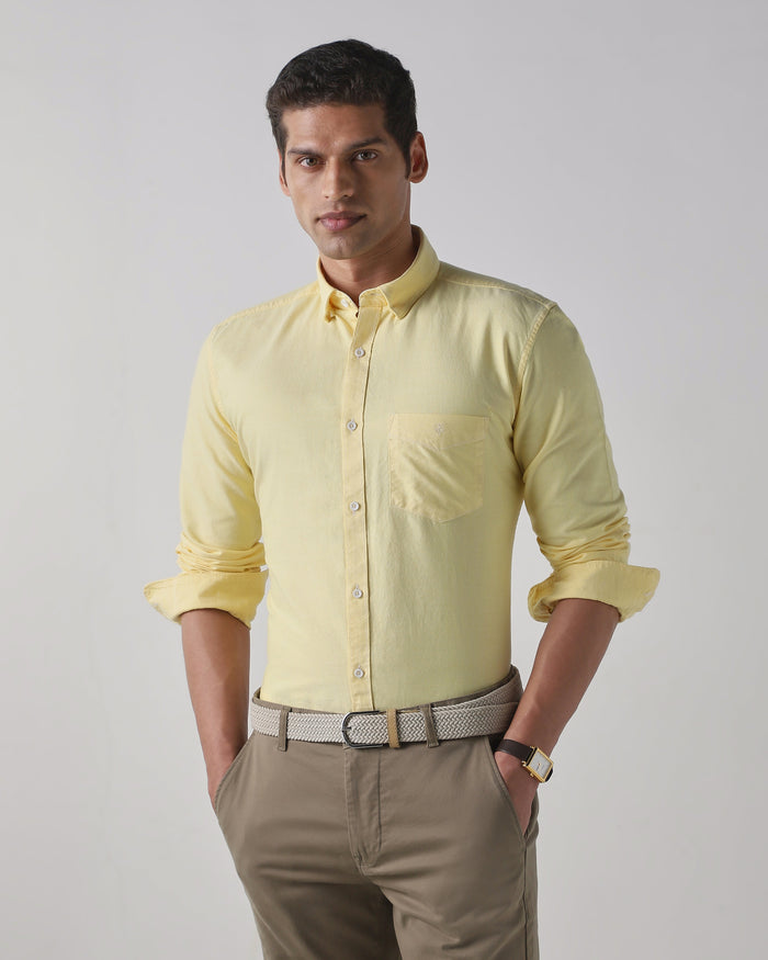 Men's Pure Cotton Plain Slim Fit Full Sleeve Casual Shirt - Yellow