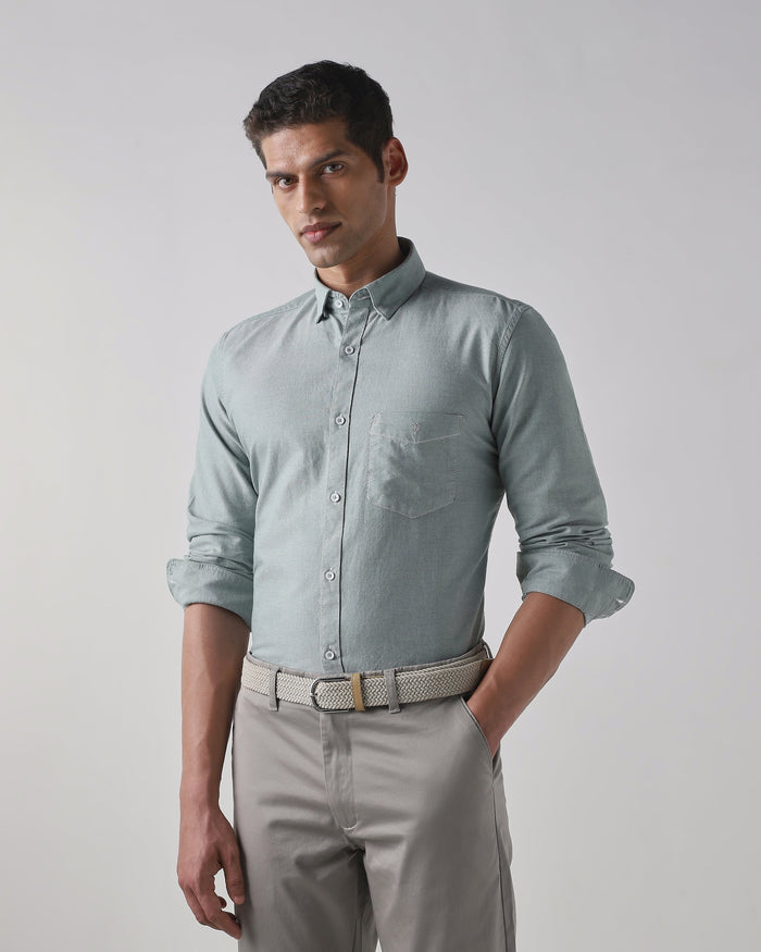 Men's Pure Cotton Plain Slim Fit Full Sleeve Casual Shirt - Green