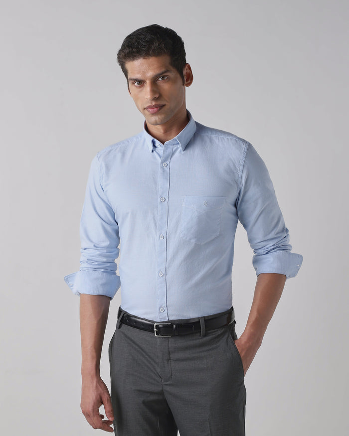 Men's Pure Cotton Plain Slim Fit Full Sleeve Casual Shirt - Blue