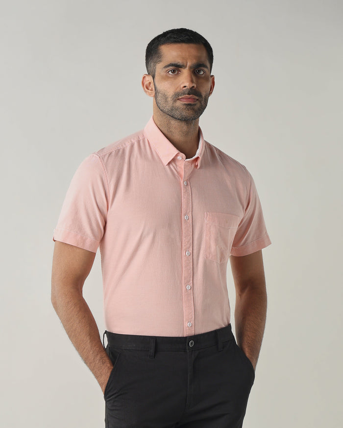 Men's Pure Cotton Plain Slim Fit Half Sleeve Casual Shirt - Pink