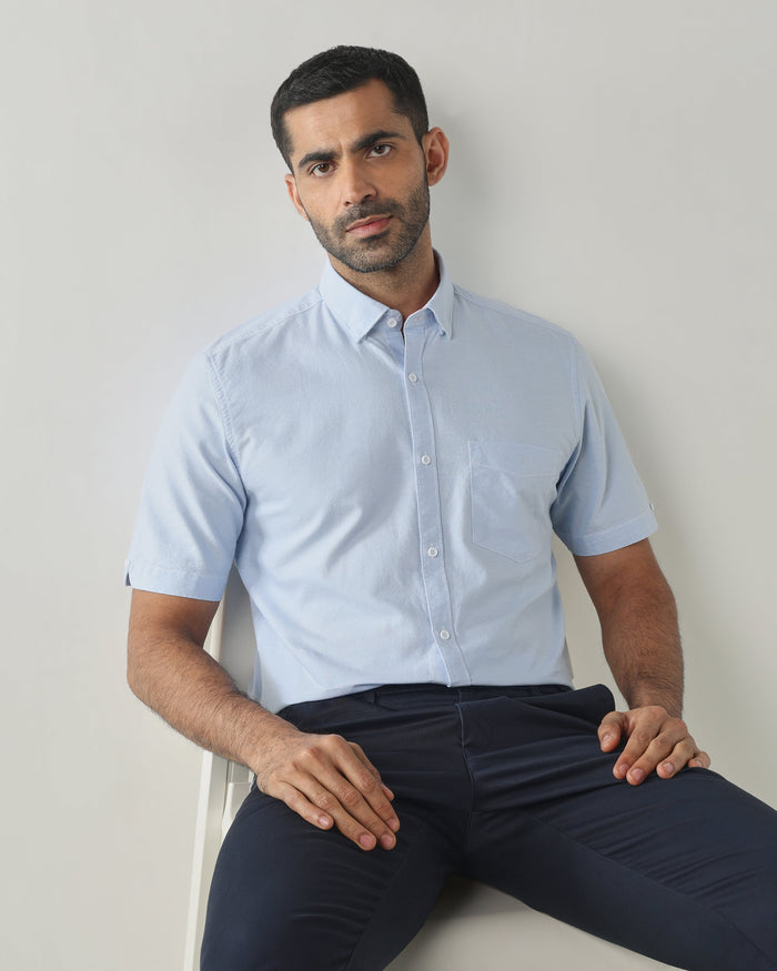 Men's Pure Cotton Plain Slim Fit Half Sleeve Casual Shirt - Blue