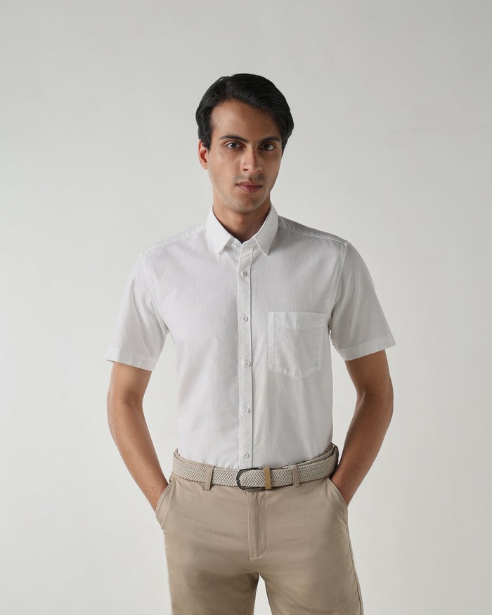 Men's Pure Cotton Plain Slim Fit Half Sleeve Casual Shirt - White