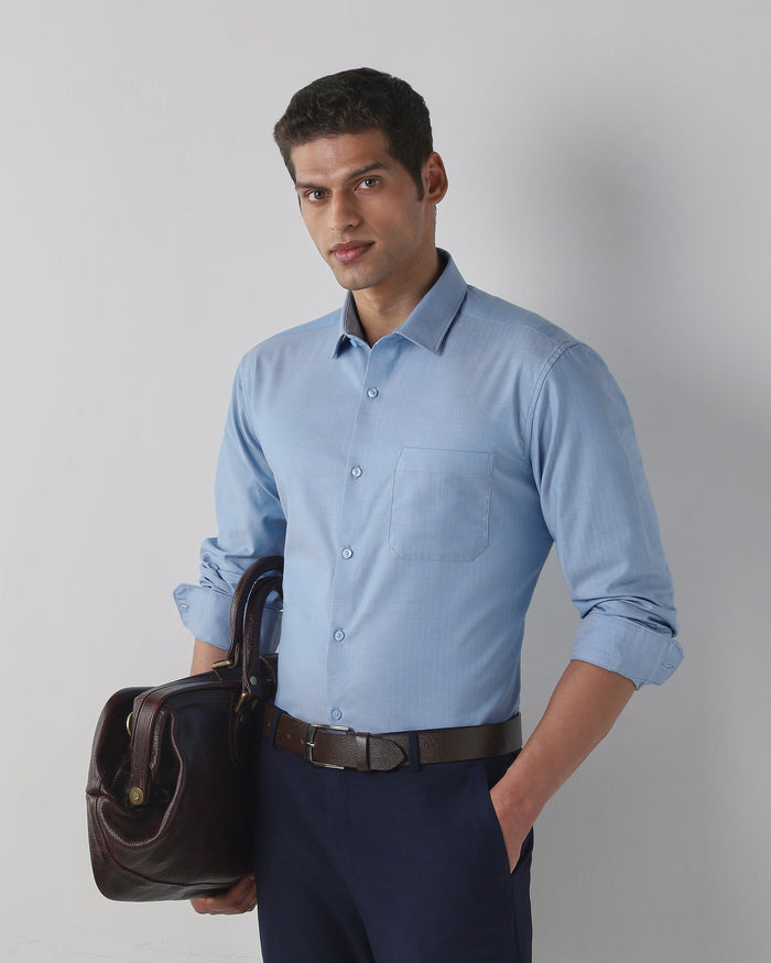 Men's Cotton Stretch Dobby Dobby Regular Fit Full Sleeve Formal Shirt - Blue