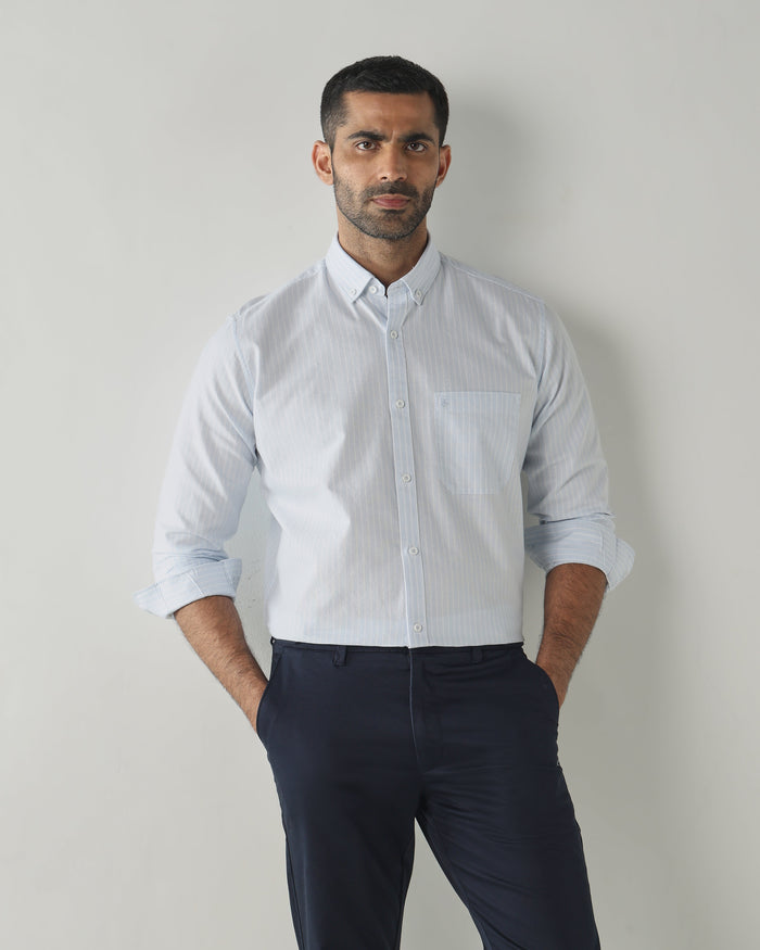 Men's Pure Cotton Stripe Stripe Slim Fit Full Sleeve Casual Shirt - White & Blue