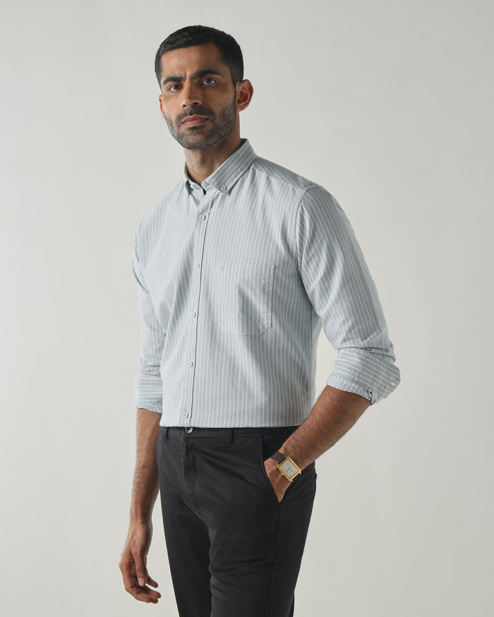 Men's Pure Cotton Stripe Stripe Slim Fit Full Sleeve Casual Shirt - White & Blue