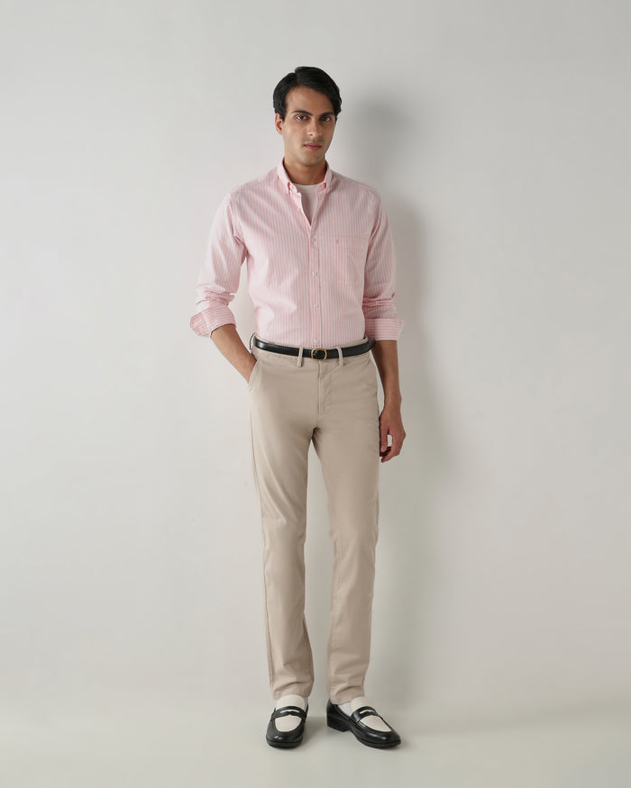 Men's Pure Cotton Stripe Stripe Slim Fit Full Sleeve Casual Shirt - White & Pink
