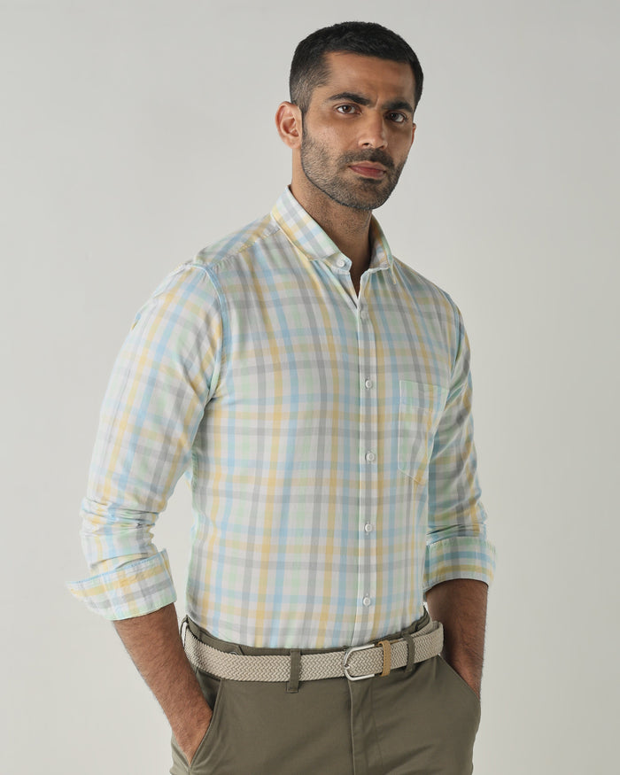 Men's Pure Cotton Checks Slim Fit Full Sleeve Casual Shirt - Blue