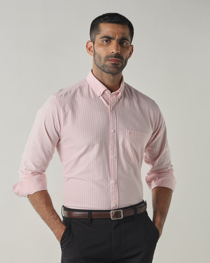 Men's Pure Cotton Checks Slim Fit Full Sleeve Casual Shirt - White & Pink