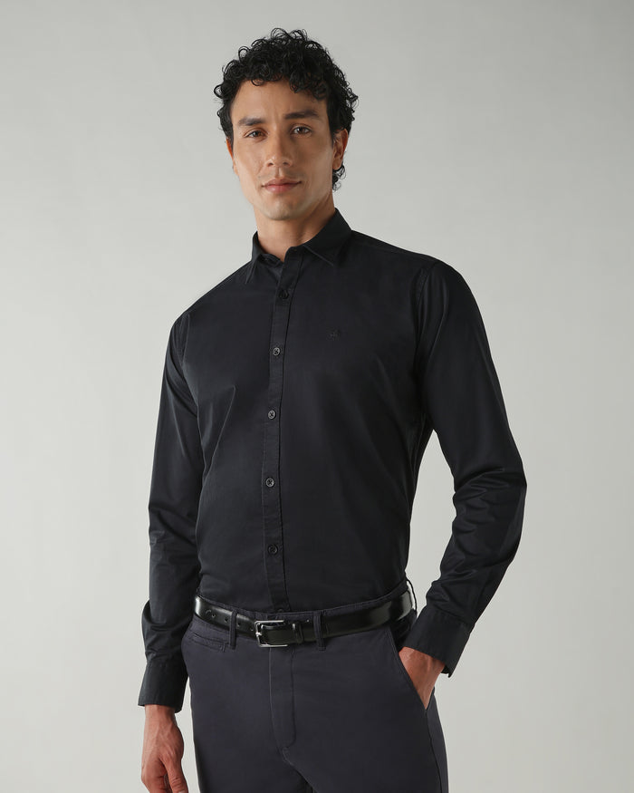 Men's Cotton Stretch Plain Slim Fit Full Sleeve Casual Shirt - Black