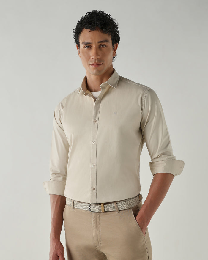 Men's Cotton Stretch Plain Slim Fit Full Sleeve Casual Shirt - Off White